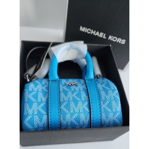 Michael Kors Micro Duffle Key Fob Perfect Sky Blue Signature Silver Hardware NWT - Picture 6 of 10